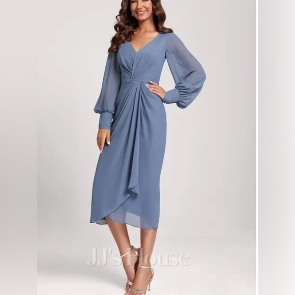 Sheath/Column V-Neck Tea-Length Chiffon Cocktail Dress With Cascading Ruffles - Picture 1 of 10